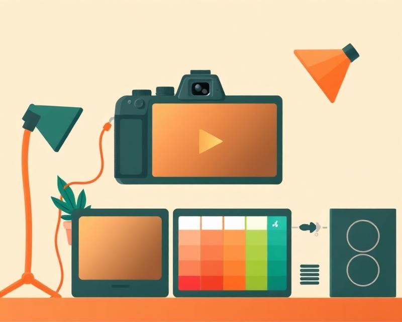 Camera, video play button and design tools illustrating content creation