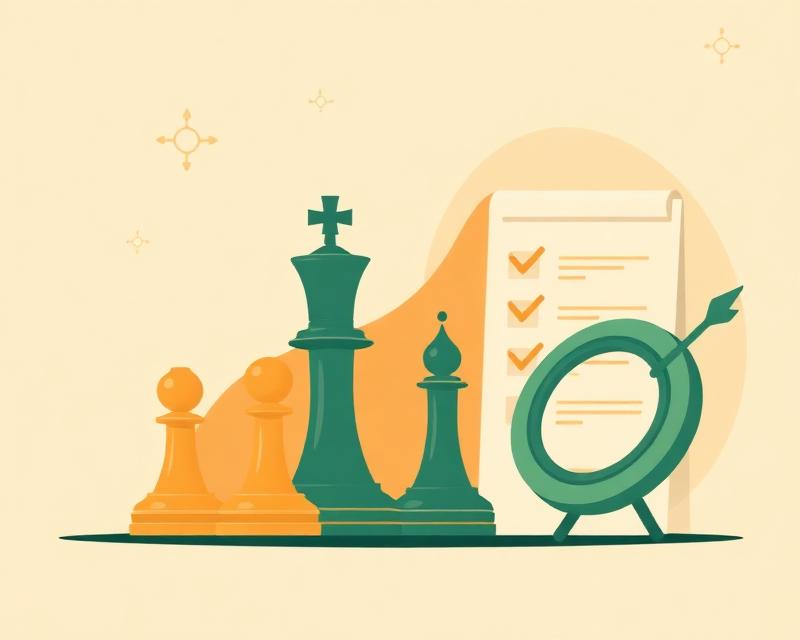 Chess pieces, checklist and target representing strategy with execution